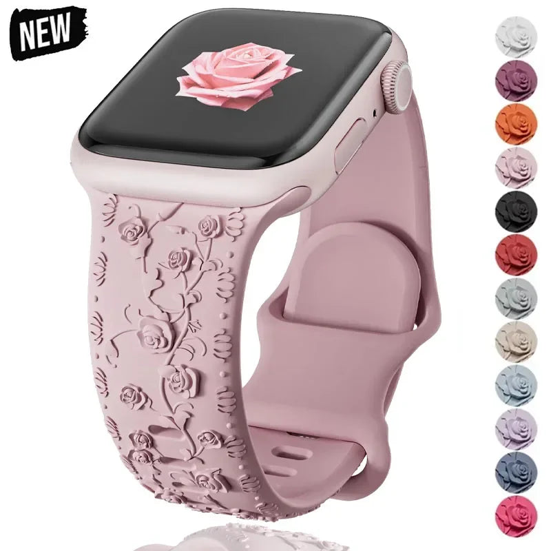 Engraved Band for Apple Watch Strap 46 44mm 40 49mm 45mm 41mm 42mm Floral Silicone Correas Iwatch Ultra 2 Series 10 9 8 7 6 SE 5