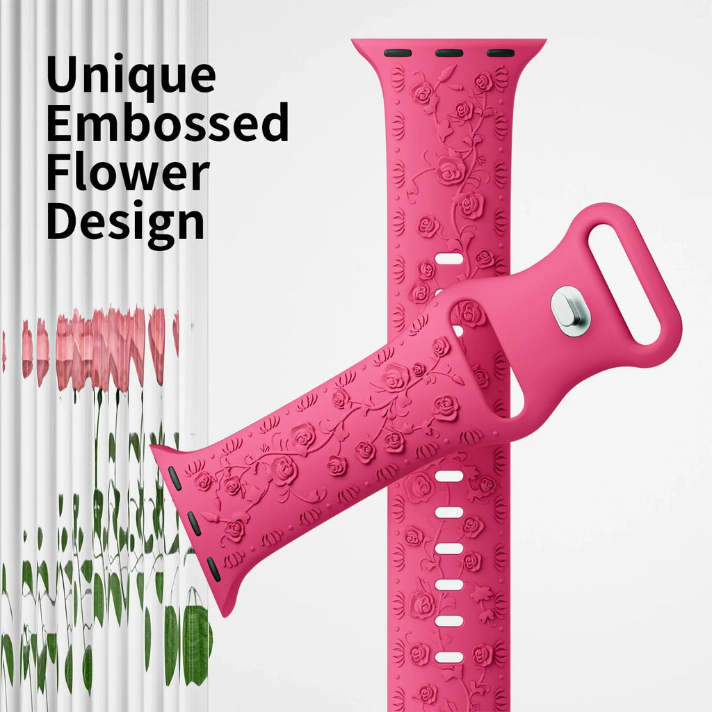 Engraved Band for Apple Watch Strap 46 44mm 40 49mm 45mm 41mm 42mm Floral Silicone Correas Iwatch Ultra 2 Series 10 9 8 7 6 SE 5