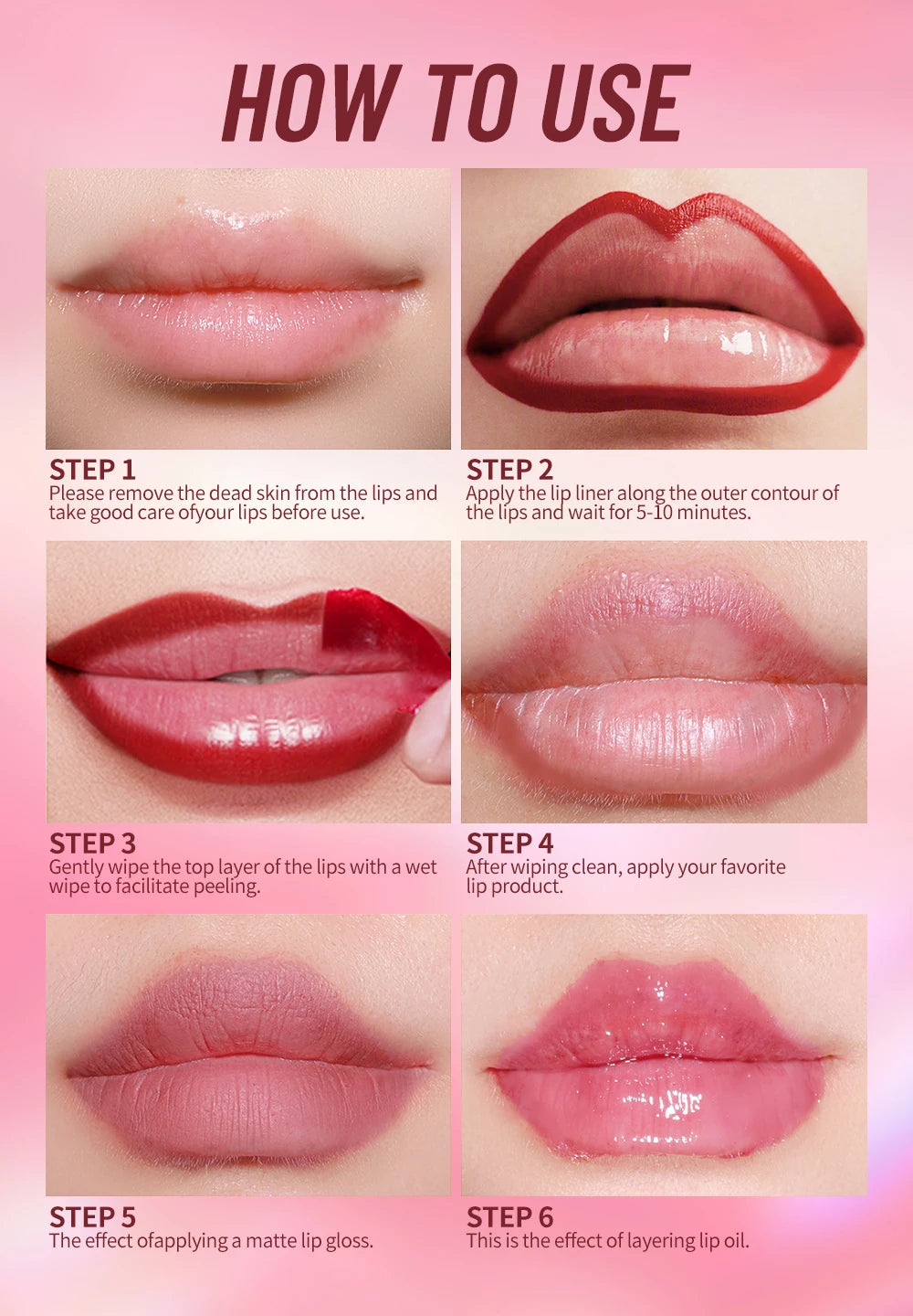 5 Color Liquid Peel-off Lip Liner Stain Waterproof Pink Brown Lip Contouring Tattoo Pigment Transfer Resistant Lip Gloss Tint