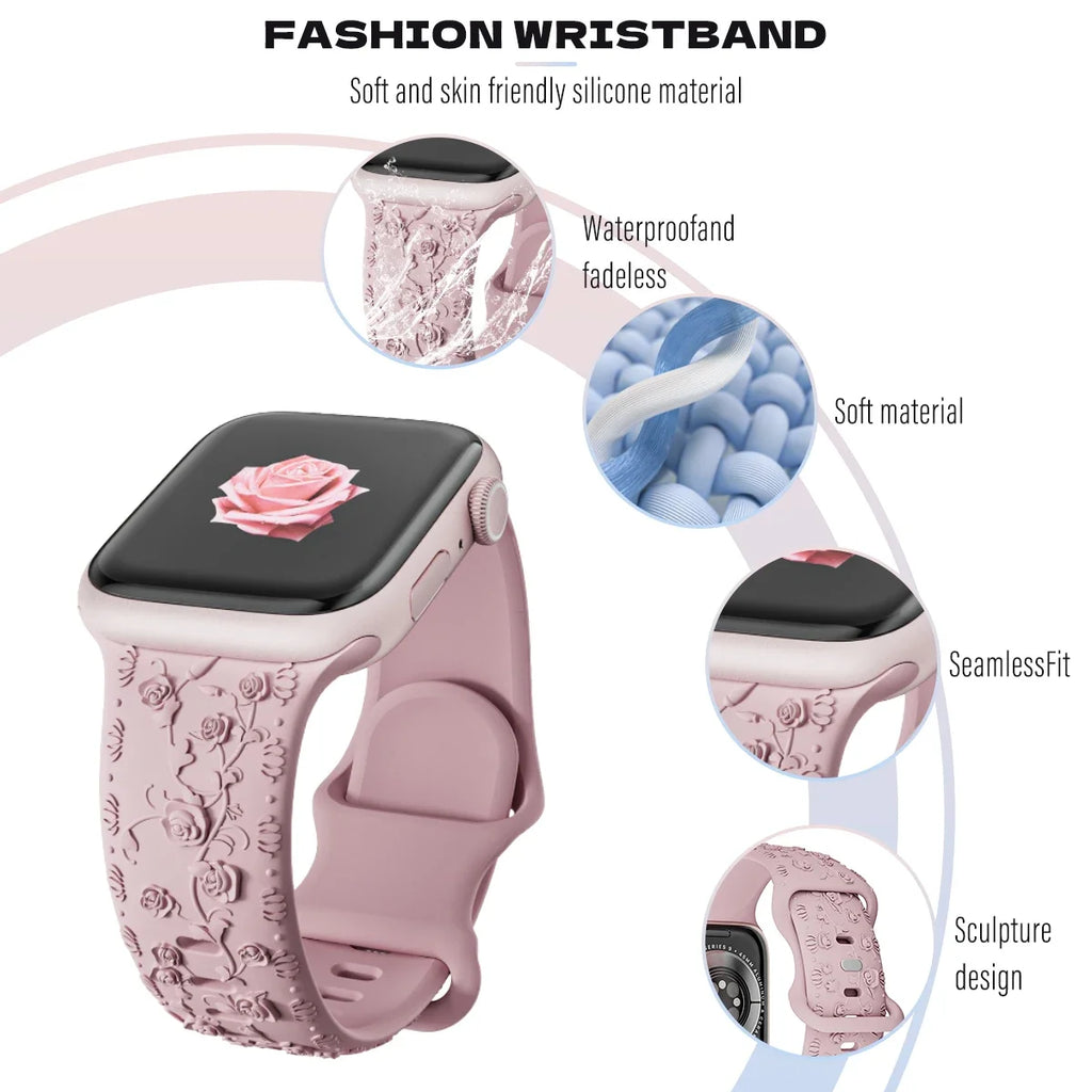 Engraved Band for Apple Watch Strap 46 44mm 40 49mm 45mm 41mm 42mm Floral Silicone Correas Iwatch Ultra 2 Series 10 9 8 7 6 SE 5