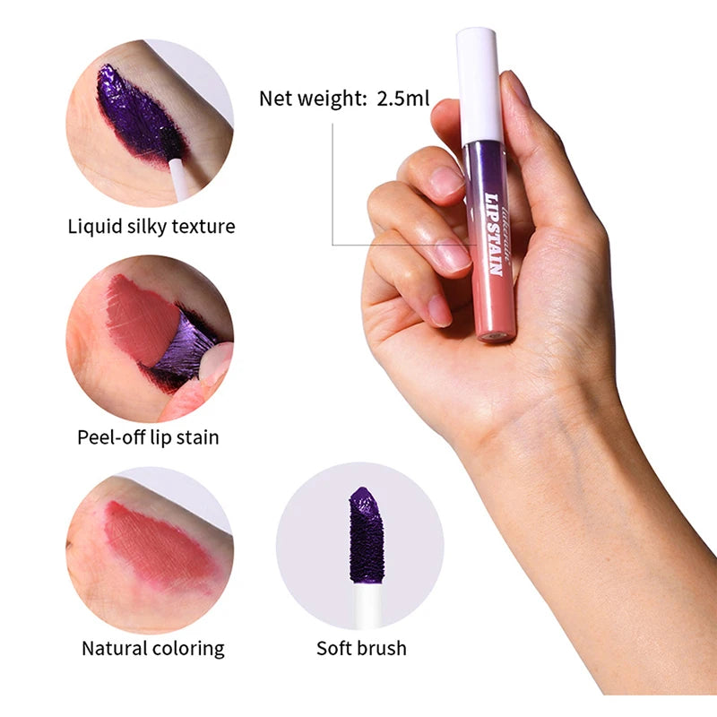 Lip Stain Tear-Off Natural Matte Waterproof Tattoo Dyed Transfer Resistant Lip Tint Gloss Peel Off Purple Liquid LipstickMakeup